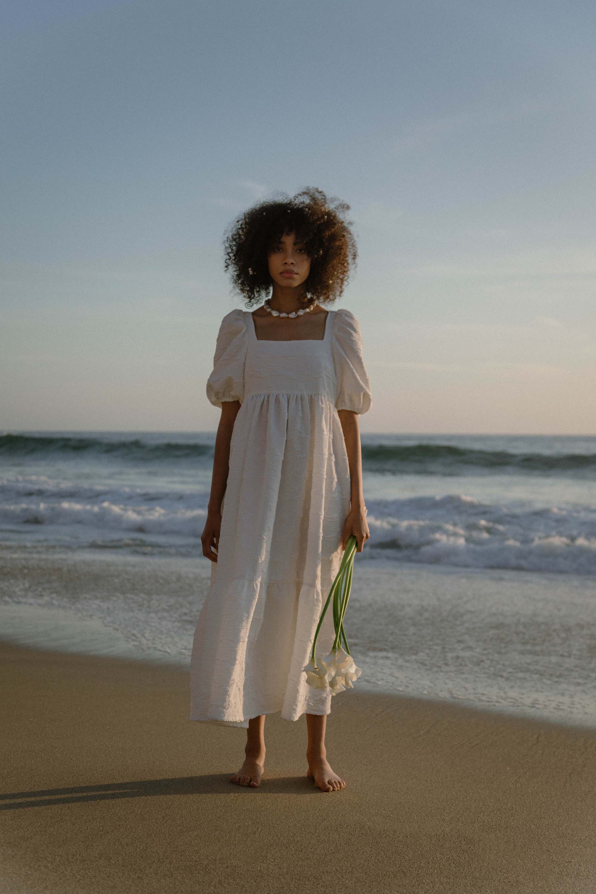 A Bronze Age Serenity Puff Dress in Crinkle Crepe, Short Sleeve Cotton Midi, Canada-Dresses-abronzeage.com