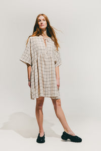 A Bronze Age Marlowe Dress, Relaxed Short Tunic Dress, Canada-Dresses-Linen Grid-XS-abronzeage.com