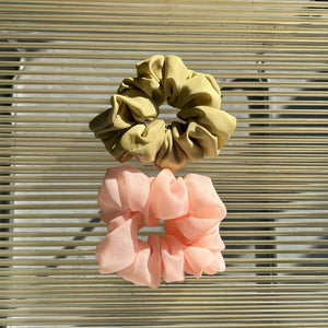 A Bronze Age BB Scrunchie Pack, Pack of 2 Hair Scrunchies, Canada-Hair-Pistachio Silk and Pink Luster Organza-abronzeage.com