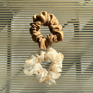 A Bronze Age BB Scrunchie Pack, Pack of 2 Hair Scrunchies, Canada-Hair-Nut Voile Cotton and Bella Floral Organza-abronzeage.com