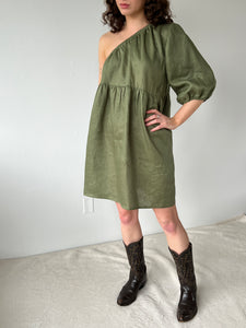 A Bronze Age Hanna One Shoulder Dress, Babydoll Mini Dress, Canada-Dresses-Lichen Linen-XS-abronzeage.com