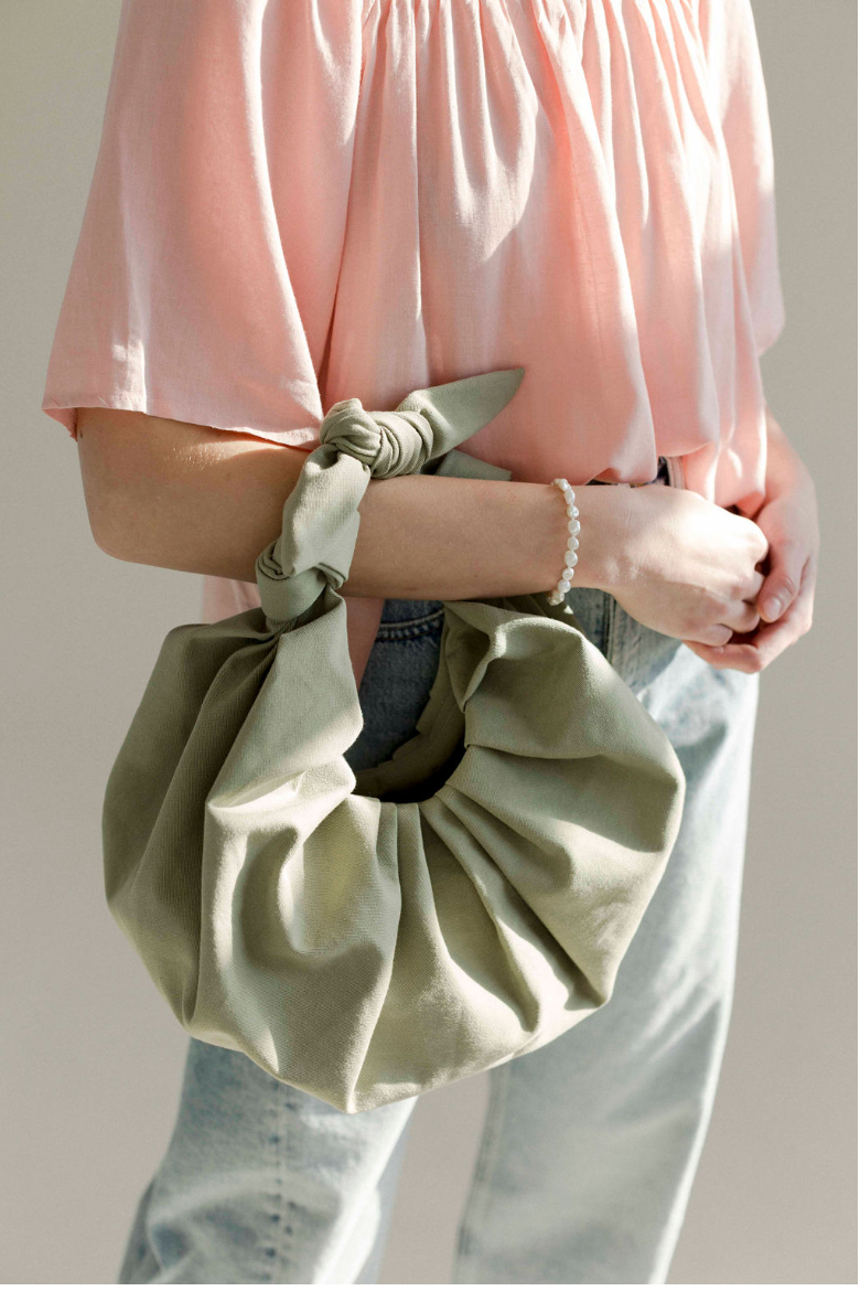 カナダにてハンドメイド【Bronze Age】Satin Kimi XL Croissant A Bronze Age XL Kimi Croissant Bag in Cotton, Tie Handle