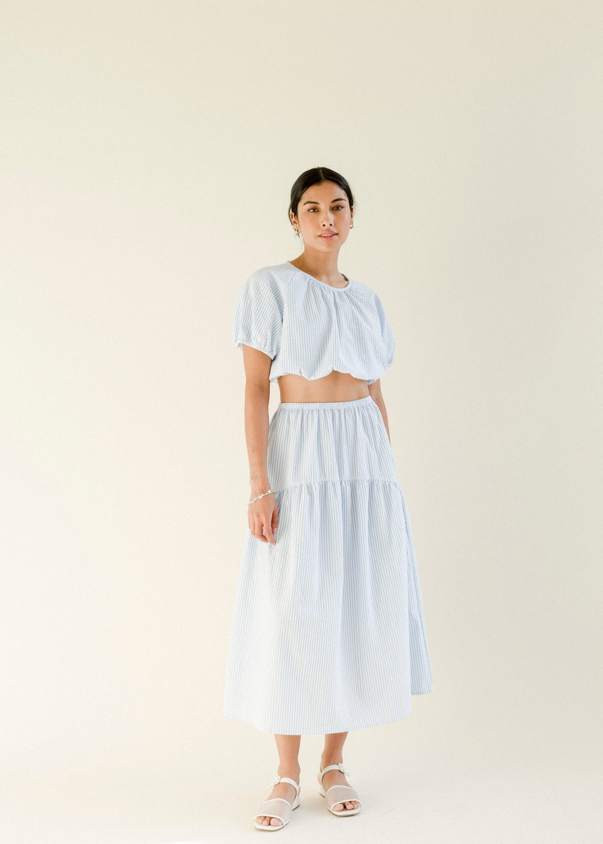 A Bronze Age Rosie Cropped Top, Elastic Hem Short Sleeve, Canada-Tops-Gabby Stripe-XS-abronzeage.com