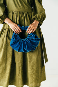 A Bronze Age Velvet Kiku Croissant Bag, Handbag Tie Handle, Canada-Handbags-Navy-abronzeage.com
