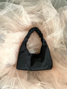 A Bronze Age Mini Y2K Tote, Ruffle Handle Evening Bag, Canada-Handbags-Black Moire-abronzeage.com