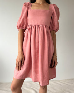 A Bronze Age Manon Mini Puff Dress in Linen, Babydoll Dress, Canada-Dresses-Dusty Peach Linen-XS-abronzeage.com