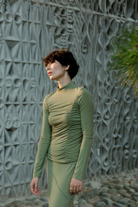 A Bronze Age Julien Fitted Mock Turtleneck, Ruched Seams, Canada-Tops-abronzeage.com