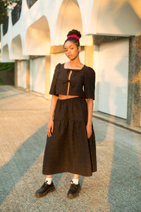 A Bronze Age Fancy Field Skirt, Midi Skirt Pockets, Canada-Skirts-Black Crinkle Crepe-XS-abronzeage.com