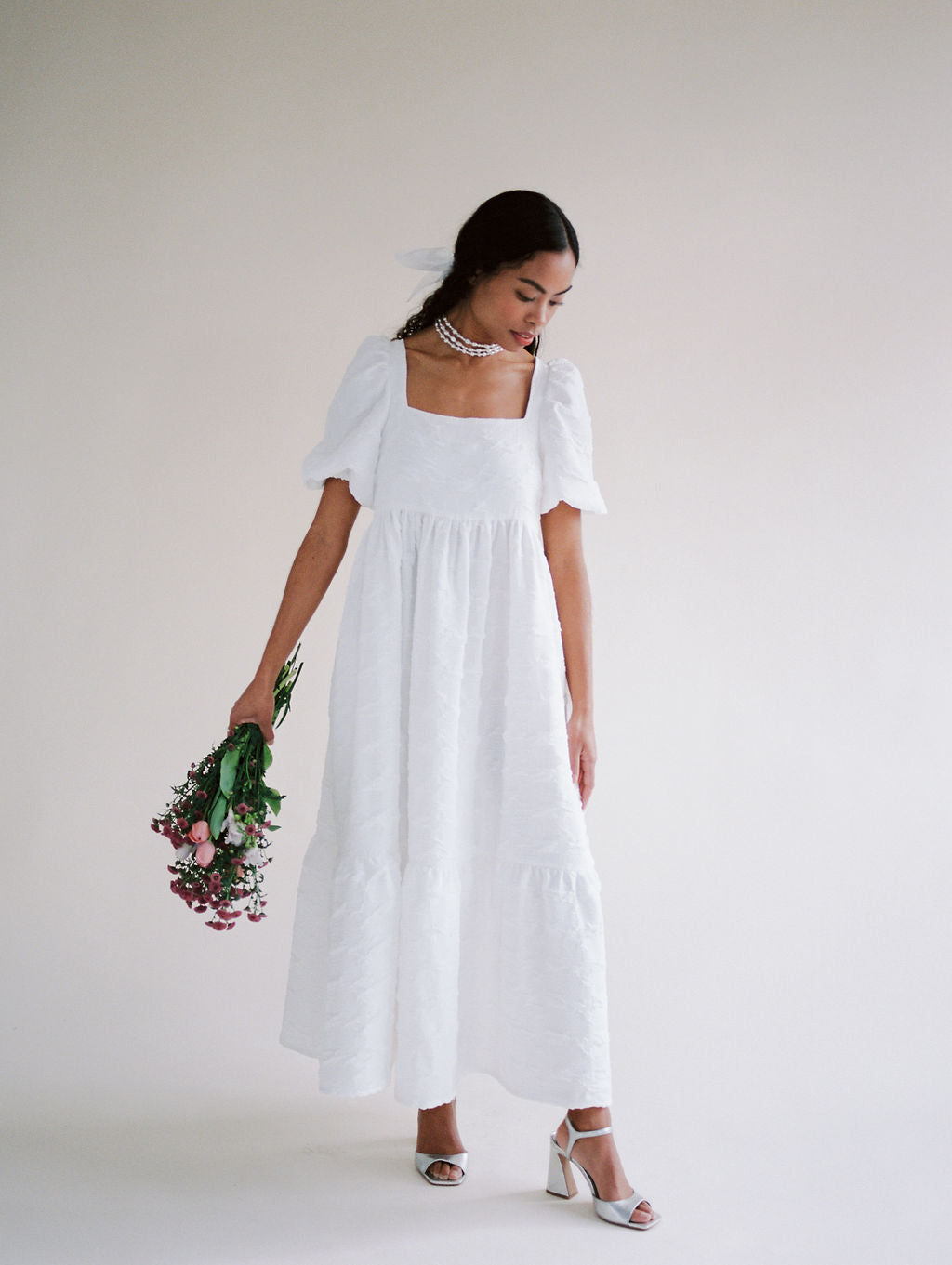 A Bronze Age Serenity Puff Dress in Crinkle Crepe, Short Sleeve Cotton Midi, Canada-Dresses-abronzeage.com