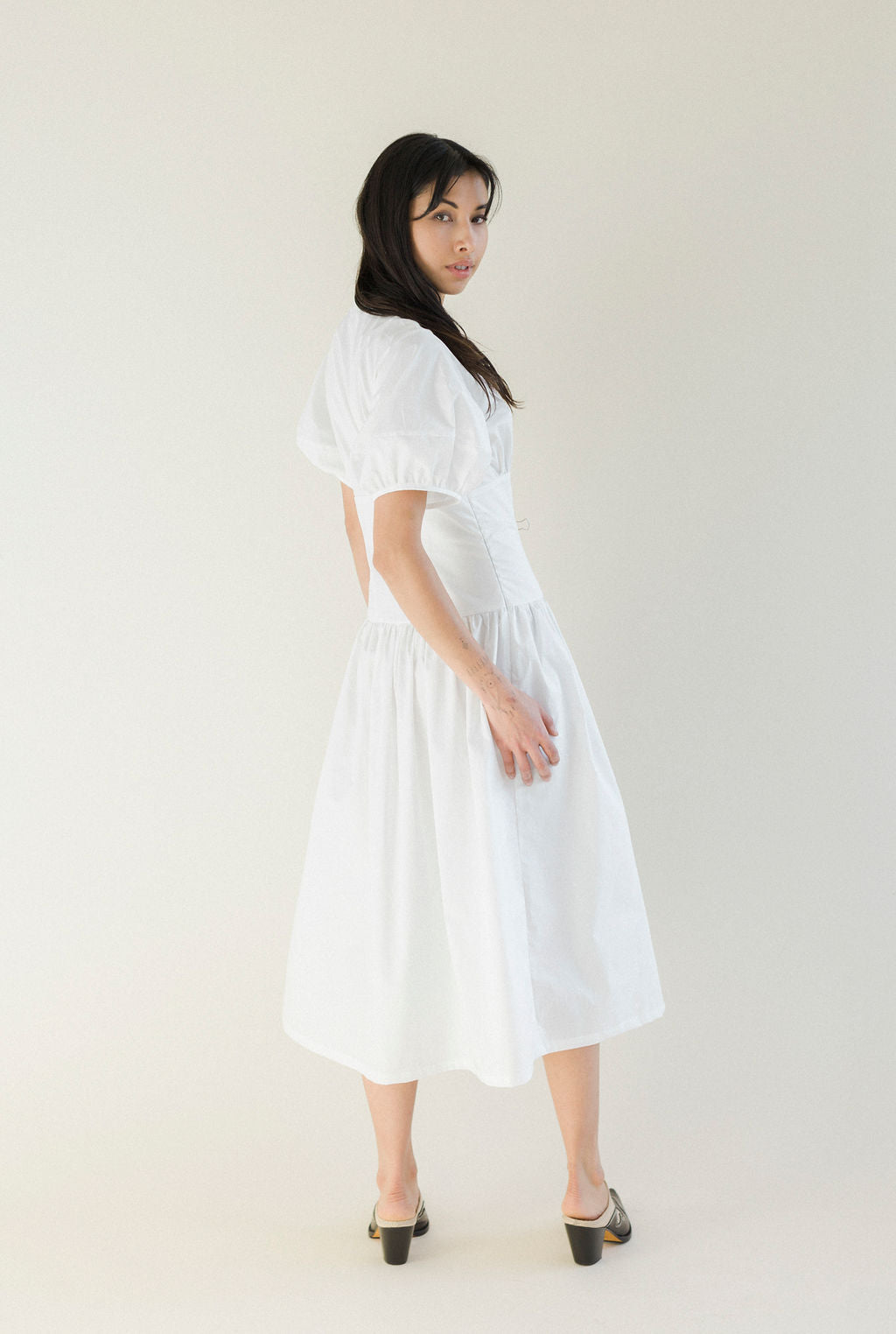 A Bronze Age Drea Dress in White, Lantern Sleeve Midi, Canada-Dresses-abronzeage.com