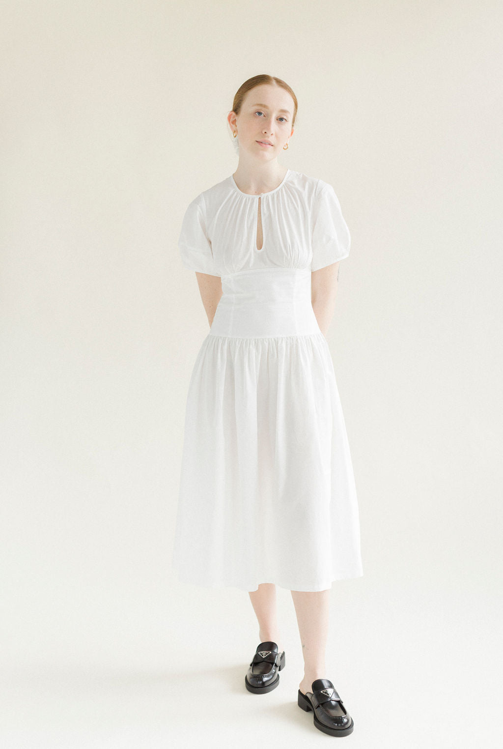 A Bronze Age Drea Dress in White, Lantern Sleeve Midi, Canada-Dresses-White-XS-abronzeage.com