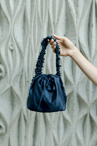 A Bronze Age Amy Purse, Ruffled Handle Satin Evening Bag, Canada-Handbags-Navy-abronzeage.com