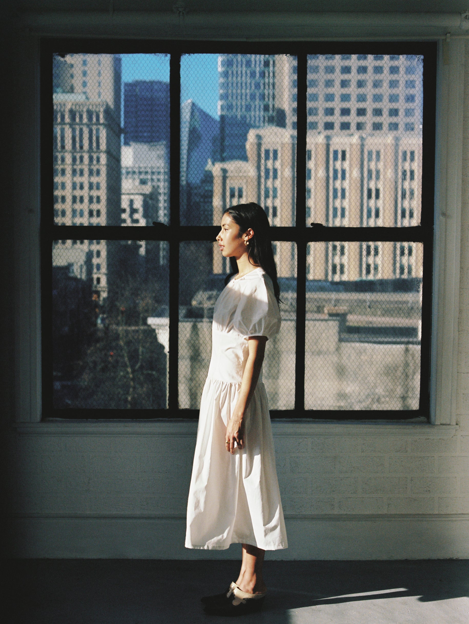 A Bronze Age Drea Dress in White, Lantern Sleeve Midi, Canada-Dresses-abronzeage.com