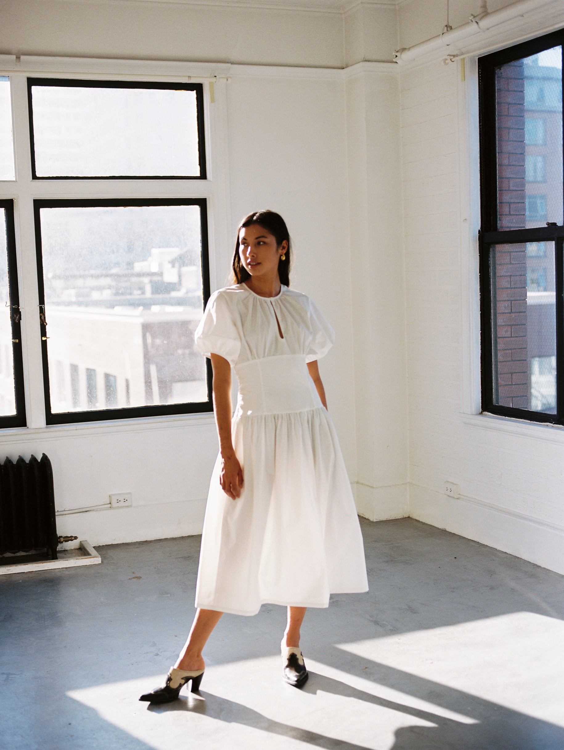 A Bronze Age Drea Dress in White, Lantern Sleeve Midi, Canada-Dresses-abronzeage.com