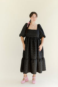 A Bronze Age Fancy Serenity Puff Dress, Midi Short Sleeve, Canada-Dresses-Black Crinkle Crepe-XS-abronzeage.com