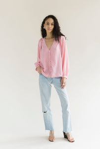 A Bronze Age Oversized V-Neck with Balloon Sleeves, Aayla Blouse, Canada-Tops-Cotton Candy Gingham-XS-abronzeage.com